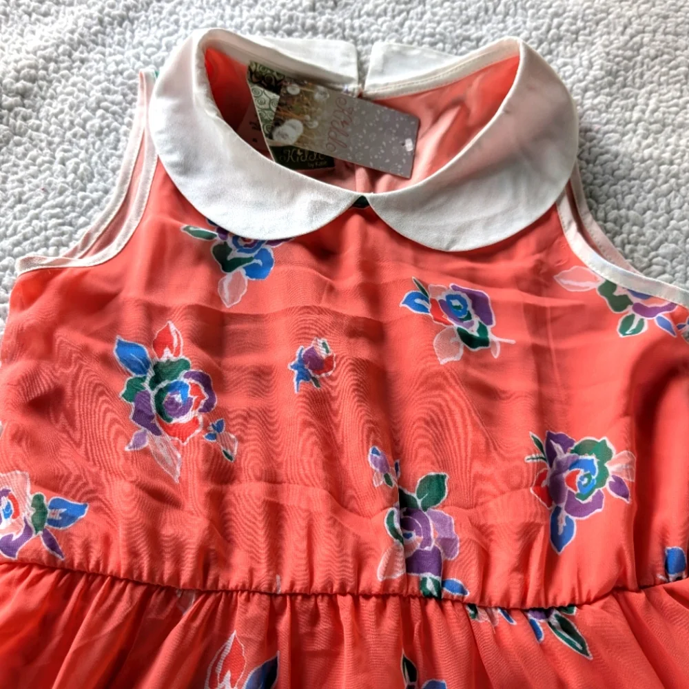 Kiddo by Katie Pink/Peach Floral Printed Dress with Collar - XL